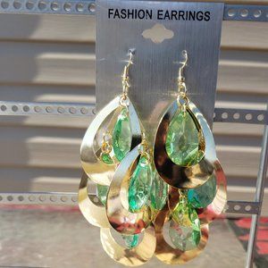 4.5" Gold/Green Large Chandelier Earrings
